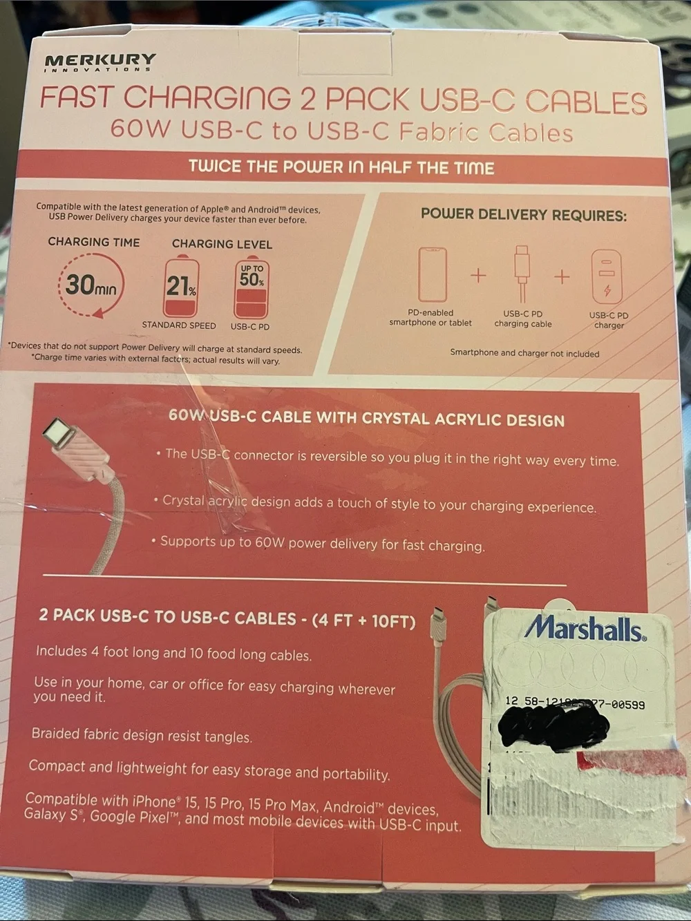 Merkury Fast Charging USB-C Cable 2-Pack — Pink (4ft + 10ft)